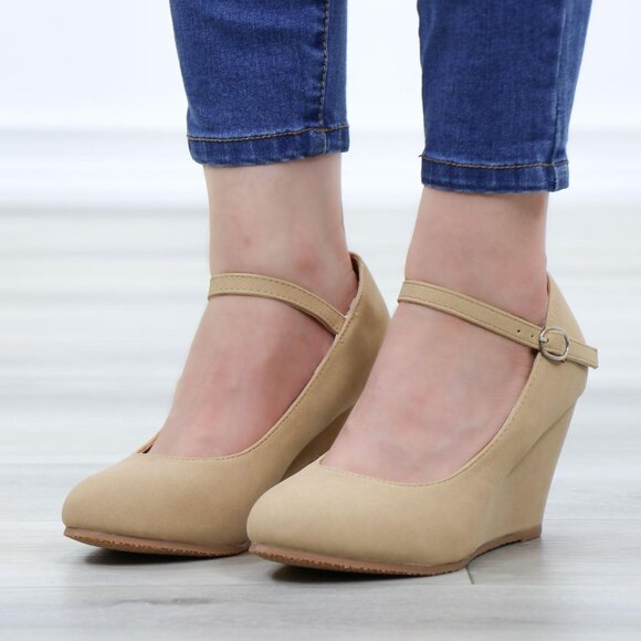 Faux Nubuck Leather Low Wedge Classy Heel - Picture 11 of 13